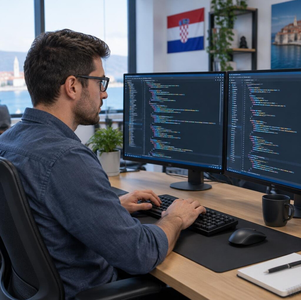 Croatian software developer writing code on multiple monitors