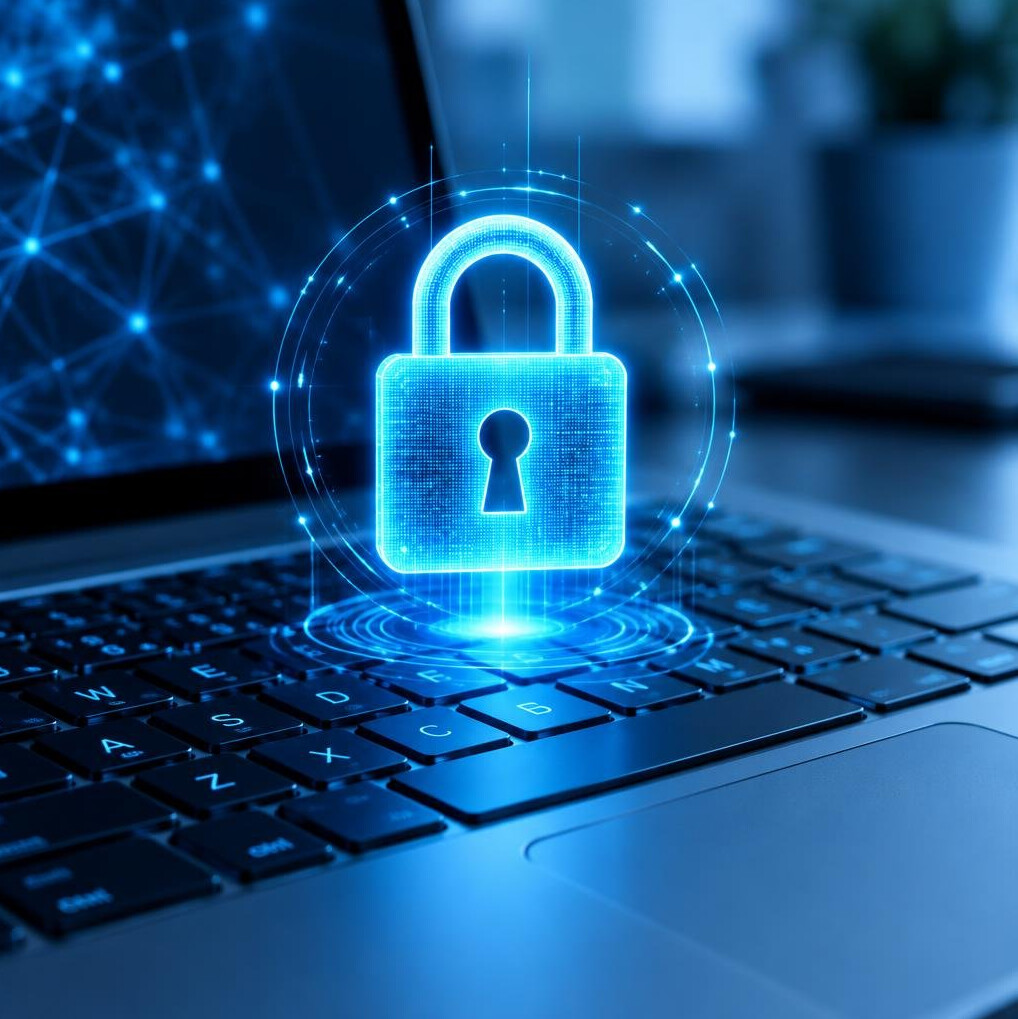 Close-up of a padlock icon over a laptop keyboard representing data security